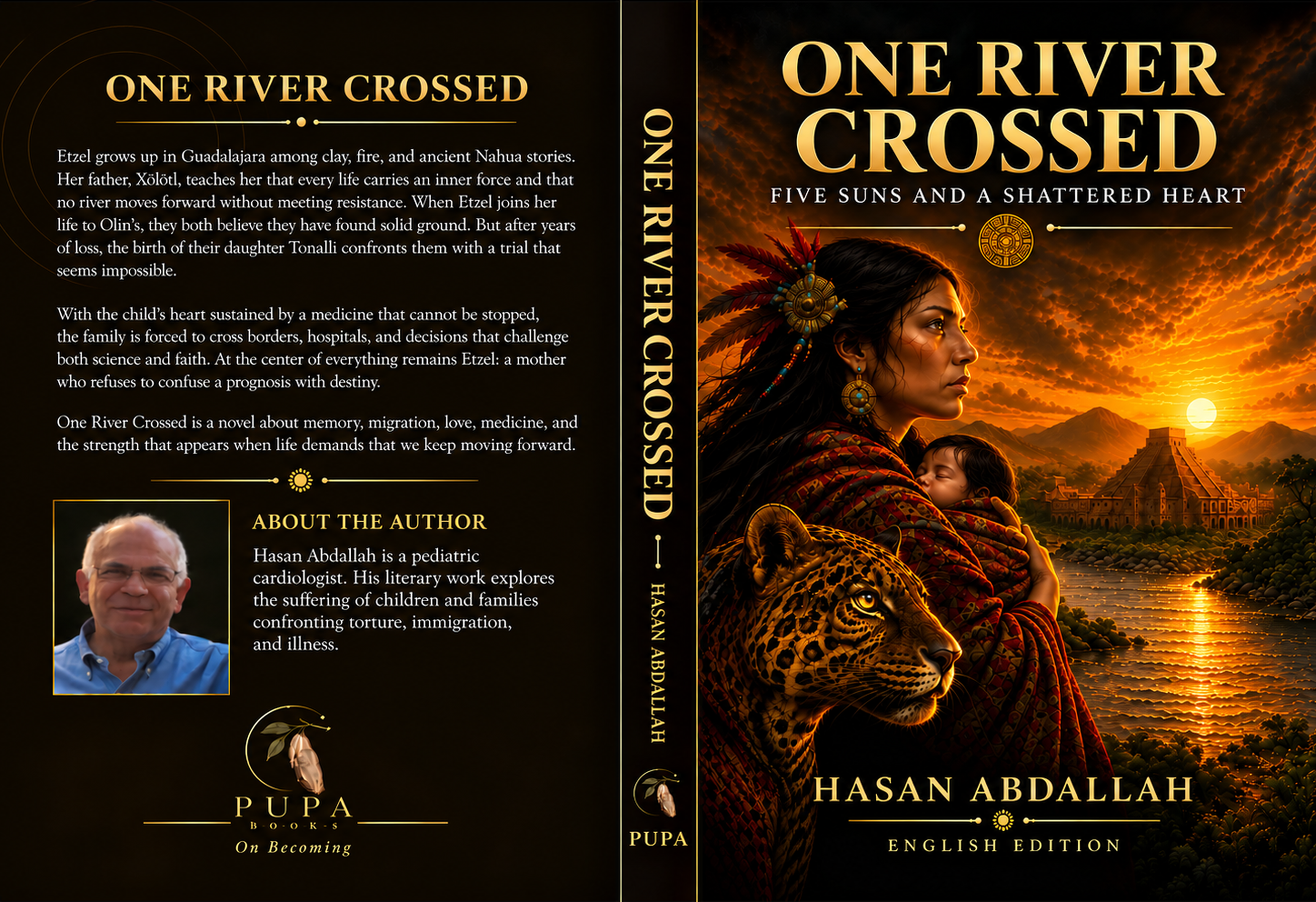 One River Crossed English edition cover, with Etzel, Tonalli, a jaguar, river, temple, and setting sun